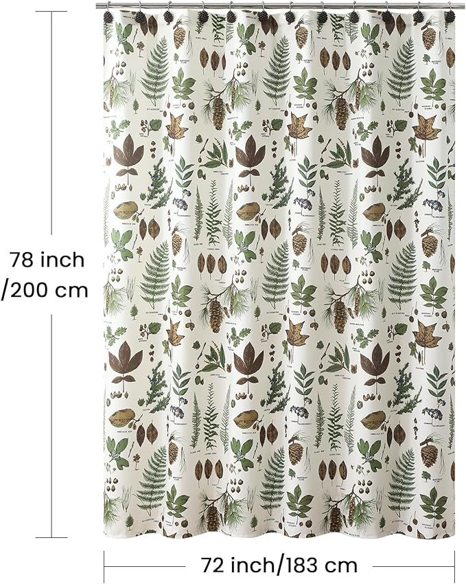 Fabric Shower Curtain 78 Inches Long, Brown and Green Natural Botanical Leaf Pinecone Print Shower Curtains for Bathroom, 72" W x 78" H