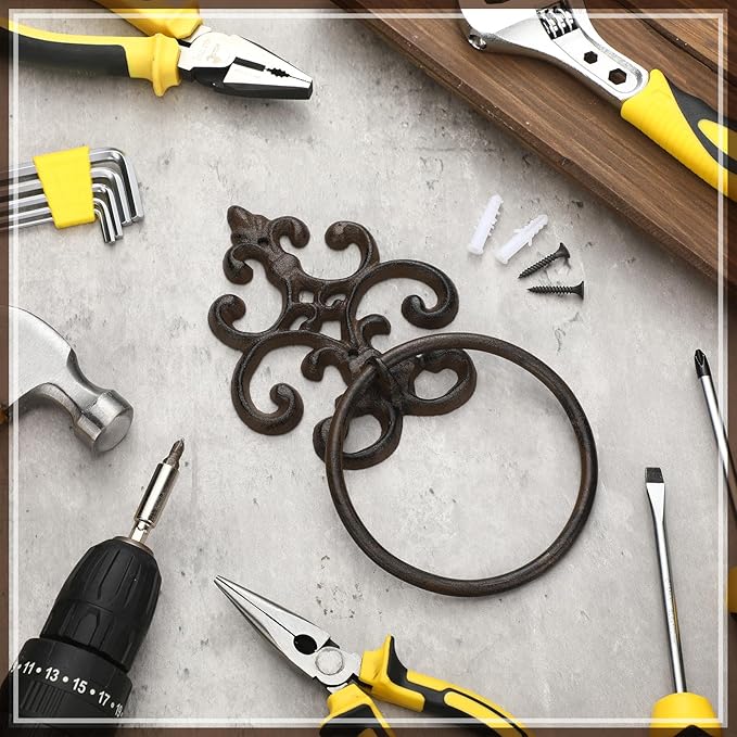 1 Pcs Dark Rust Vintage Cast Iron Solid Towel Ring Fleur De Lis Design Antique Towel Holder for Bathroom Kitchen Accessories Wall Mounted Christmas Party Gifts