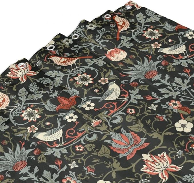 Boho Shower Curtain William Morris Art Print Retro Bird Plant Natural Flower Pattern Print Shower Curtains 72""×84"" Inch, Style-2
