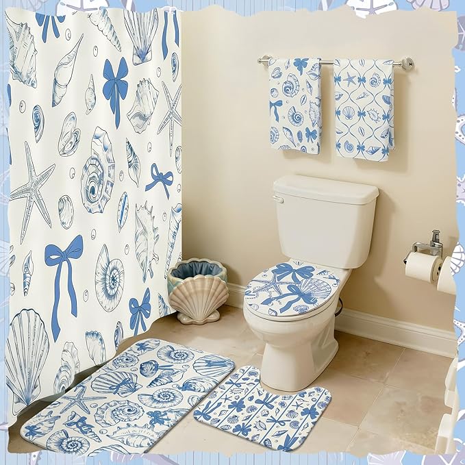 Tatuo 8 Pcs Beach Shower Curtain Set Blue Bow Ocean Bathroom Accessories Sets Coquette Starfish Coastal Waterproof Shower Curtain with Towels Carpet Bath Mat Toilet Rug 12 Hooks for Summer Beach Party