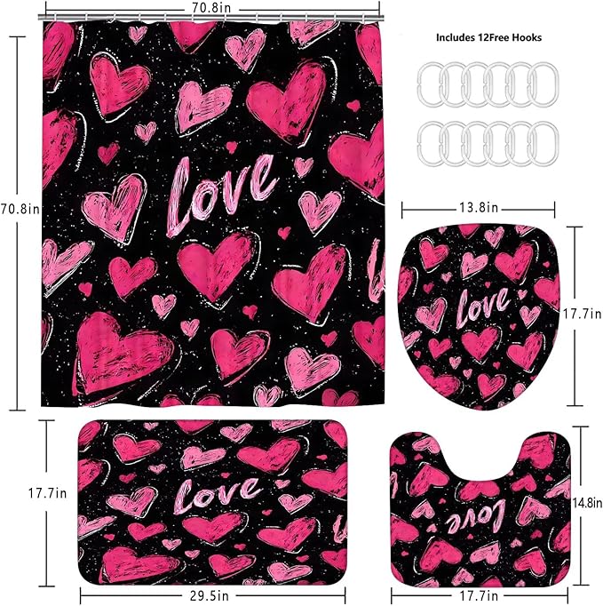 DDQQ 4 Pcs Pink Heart Shower Curtain Set Love Bathroom Sets with Shower Curtain and Rugs Romantic Bathroom Decor Accessories Bathroom Rugs Toilet Lid Cover with Hooks