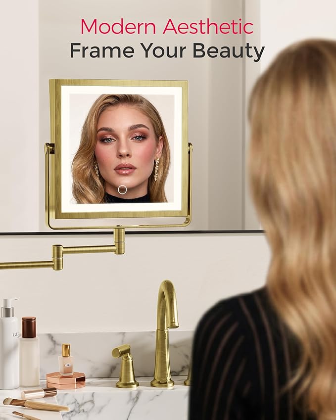 Rechargeable Wall Mounted Makeup Mirror with Lights, 4000mAh Double Sided 1X/10X Magnifying Vanity Mirror with 3 Color Lights, Touch Dimmable, 360° Extension Foldable Arm (Antique Brass)