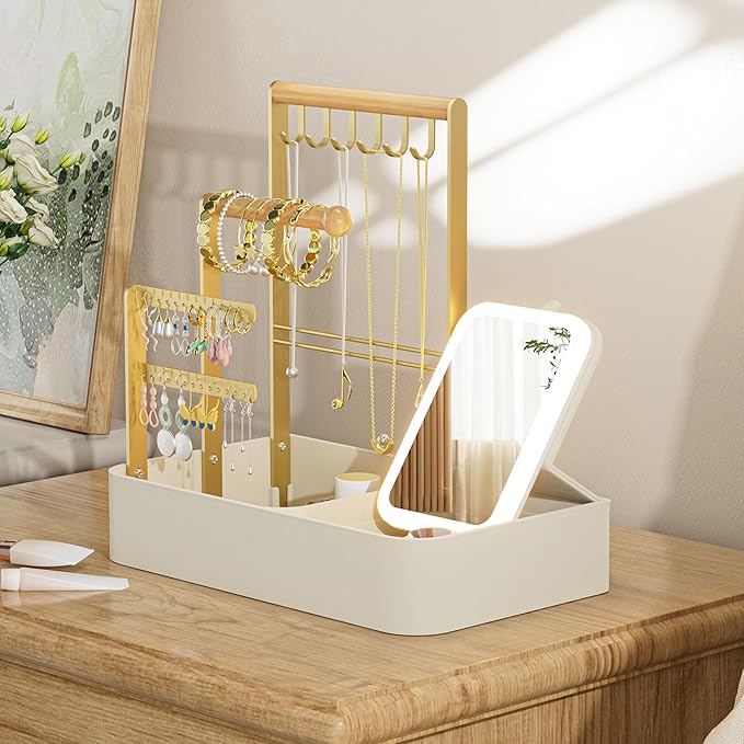 Jewelry Stand With Makeup Mirror, 4 Tiers Jewelry Holder Organizer, Jewelry Display Stand for Bracelet, Necklace, Earrings, Rings, 1000mAh 3-Color Lighting Makeup Mirror, Beige