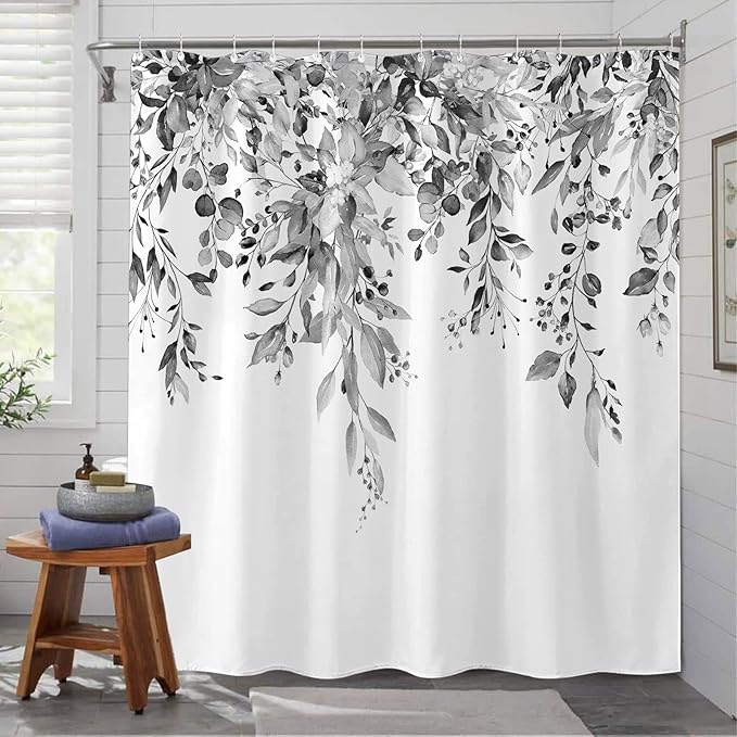 kampdream Grey and White Eucalyptus Plant Shower Curtain, Watercolor Leaves On The Top Botanical Bathroom Curtain 72 ×72 Inch