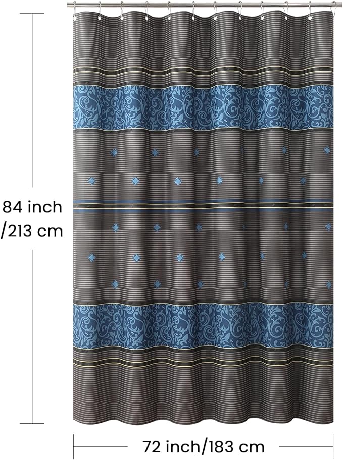 Extra Long Fabric Shower Curtain, Brown and Blue Print Waterproof Shower Curtains for Bathroom, 72" W x 84" H