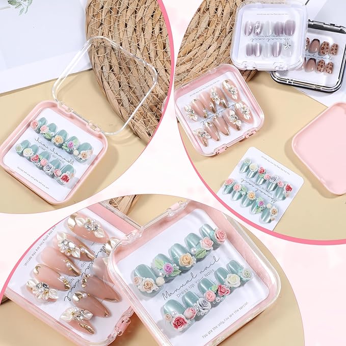 4 Pcs Press On Nail Storage Box with 30Pcs Adhesive Double Sided Tape and 8 Pcs Cards, Press on Nails Packaging, Acrylic Nails Display Box, Nail-Box Organizer for Nail Salon (4 Colors)