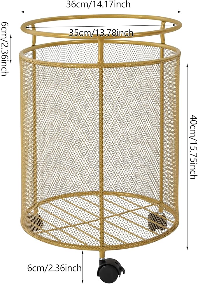 Rolling Laundry Basket Cart, Metal Laundry Basket with Wheels Standing Laundry Hamper Cart with Large Capacity Mobile Storage Cart Gold for Bedroom Bathroom Balcony
