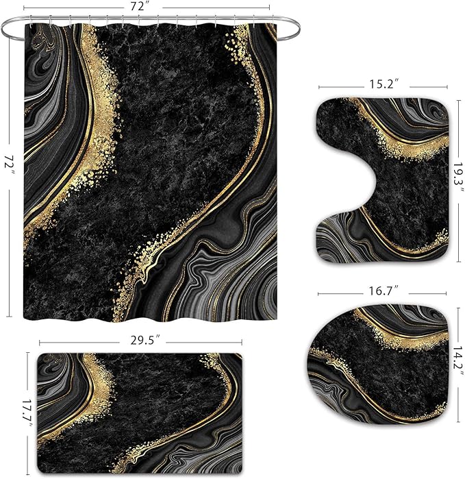 Gibelle 4 Pcs Luxury Marble Shower Curtain Set with Non-Slip Rugs, Toilet Lid Cover and Bath Mat, Black Gold Bathroom Decor Set with Shower Curtain and Rugs and Accessories