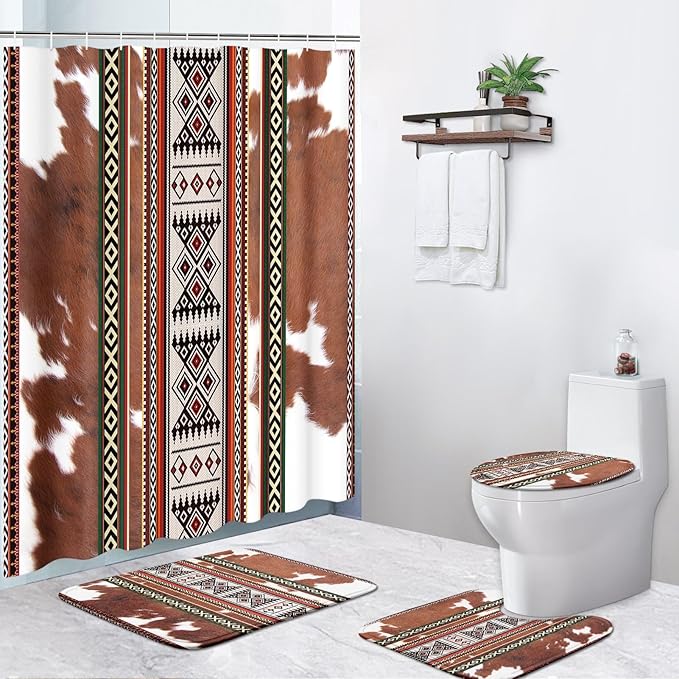 Pamnest 4 Pcs Shower Curtain Sets, Cowhide Cow Brown Waterproof Bathroom Sets with Non-Slip Rugs, Toilet Lid Cover and Bath Mat, Accessories Modern Home Bathroom Decor 72" X 72"