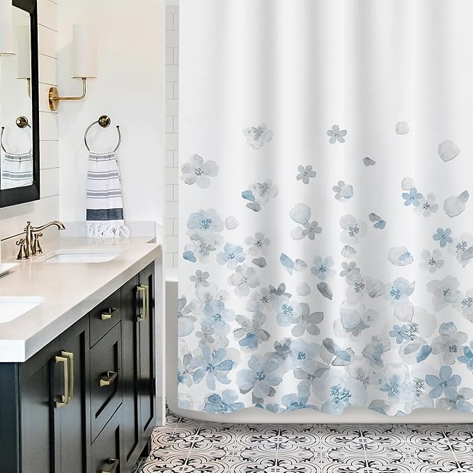 Sunlit Design Extra Long Simple Style Blue and Gray Flower Blossoms Fabric Shower Curtains for Bathroom Decor with White Background