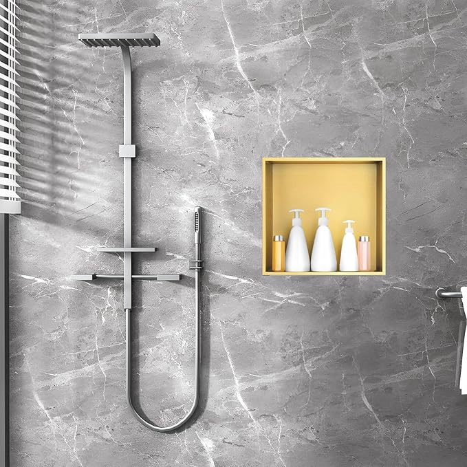SaniteModar Shower Niche, Stainless Steel Shower Niche No Tile Needed, Recessed for Bathroom Storage (Brushed Gold, 12x12)