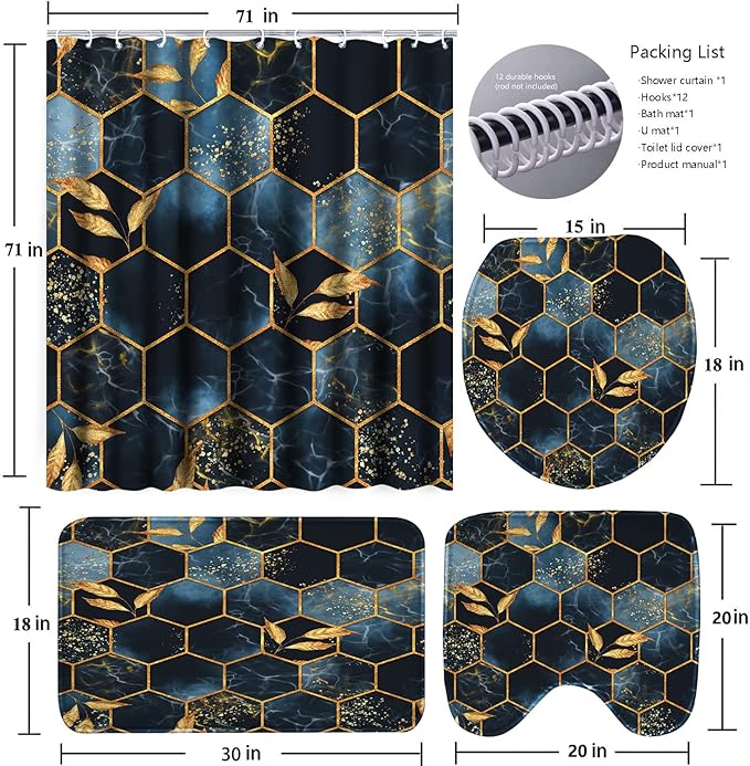 Poedist 4 Pcs Bathroom Shower Curtain Set,Bathroom Sets with Rugs(Bath Mat,U Shape and Toilet Lid Cover Mat) and 12 Hooks,Black and Blue Honeycomb Marble
