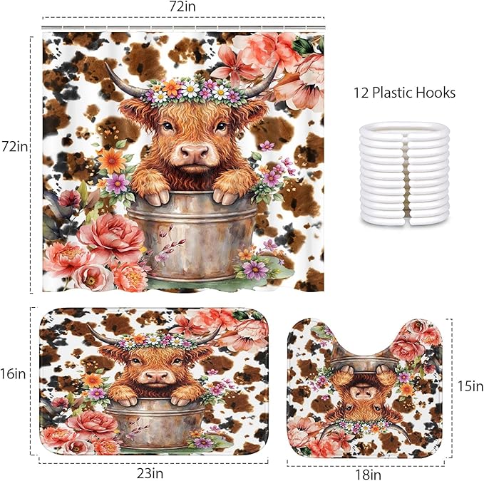 Pamnest 4 Pcs Shower Curtain Sets, Highland Calf Abstract Paw Waterproof Bathroom Sets with Non-Slip Rugs, Toilet Lid Cover and Bath Mat, Accessories Modern Home Bathroom Decor 72" X 72"