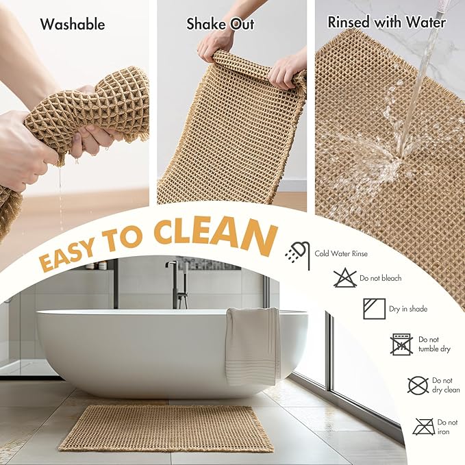 MIULEE Set of 2 Waffle Bathroom Rugs, Boho Bath Rugs Non Slip Washable, Super Absorbent Bath Mats, Ultra Soft Rubber Backed Shower Mats for Bathroom Floor, Tub and Shower, Brown, 17x24 Inch