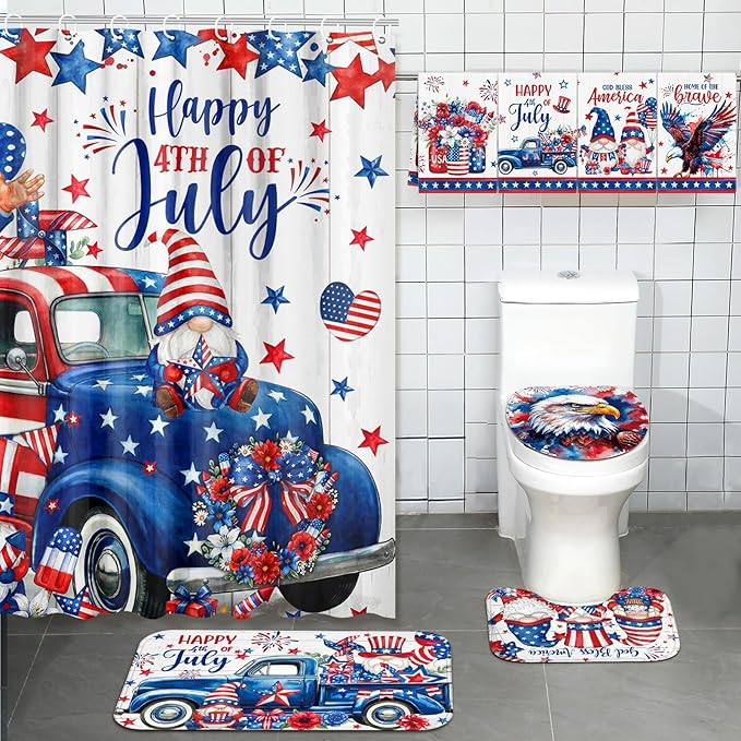 FuWeave 8 Pcs 4th of July Shower Curtain Set for Patriotic Bathroom Decor Include Red White and Blue Gnomes American Flag Shower Curtain Towels Non Slip Rugs Toilet Lid Cover Bath Mat and 12 Hooks