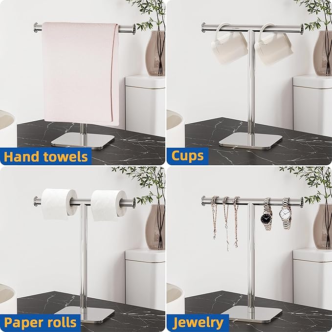 RUACQ T-Shape Hand Towel Holder Stand, Weighted Base Towel Rack, 12" Countertop Towel Holder for Bathroom, 304 Stainless Steel, Heavy Duty (Chrome, 2 Pack)