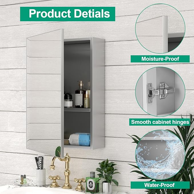 14 x 18 Farmhouse Medicine Cabinet for Bathroom, Small Silver Bathroom Mirror with Storage, Tempered Glass, Frameless Recessed or Wall Mount Aluminum Medicine Cabinet - Pre-Assembled