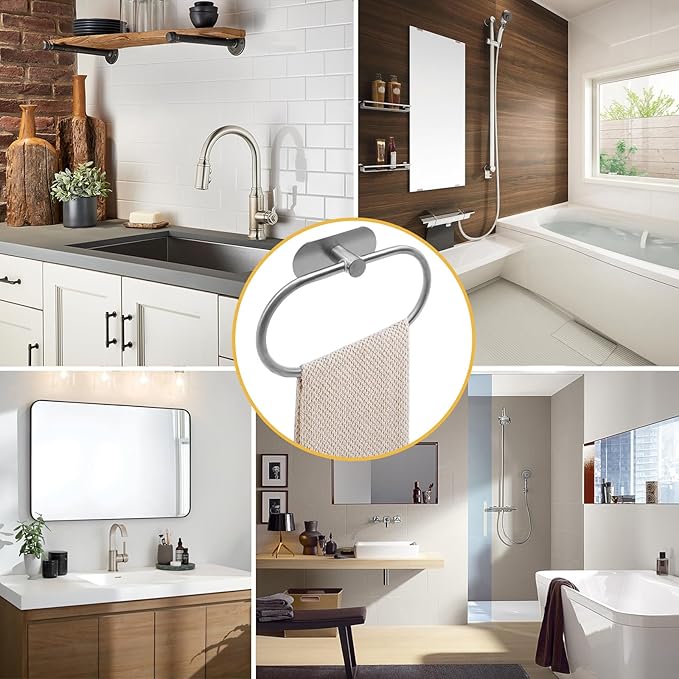 Self Adhesive Towel Ring, Brushed Nickel Adhesive Hand Towel Holder Stainless Steel Oval Hand Towel Ring No Drilling Modern Hand Towel Hanger for Bathroom Kitchen Accessories