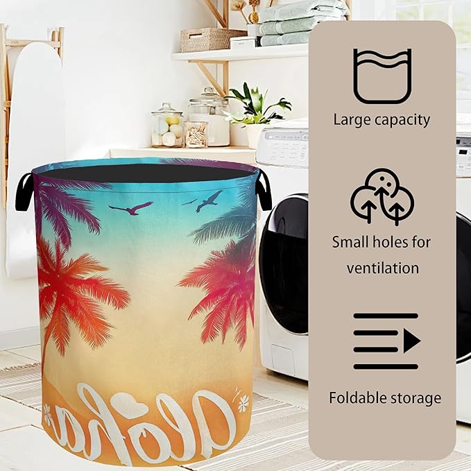 Hawaiian Sunset Foldable Canvas Laundry Basket with Handles - Storage Organizer, Heavy Duty for Home,Bedroom, Dorm, Bathroom