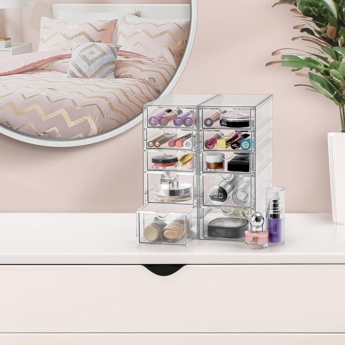 Sorbus Makeup Organizer With 10 Drawers, Acrylic Drawer Organizer for Makeup, Office Organization and Storage, Art Supplies, Jewelry, Stationary - 2 Pcs Clear Stackable Storage Bins Organizer Drawers
