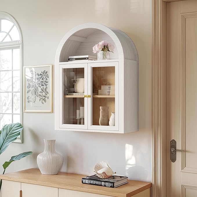 Furnaza Arched Wall Mounted Display Medicine Cabinets with Tempered Glass Doors and Adjustable Shelf for Bath or Living Room (White, 24" W X2pcs)