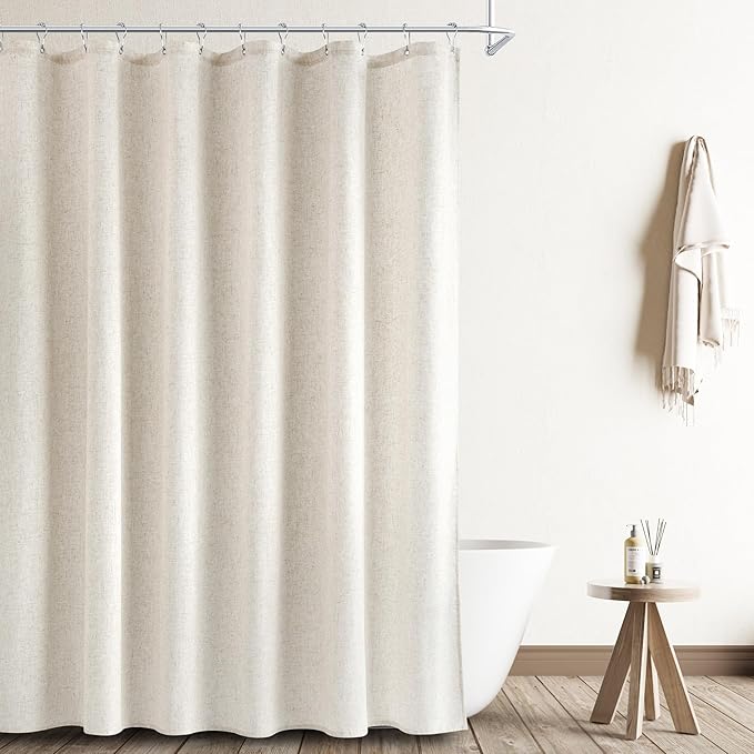 Naturoom Extra Long Linen Shower Curtain 86 Inch Long Weighted Thick Fabric Bath Shower Curtain Set with Hooks, XLong Tall Country Farmhouse Beige Curtains for Bathroom, 72x86
