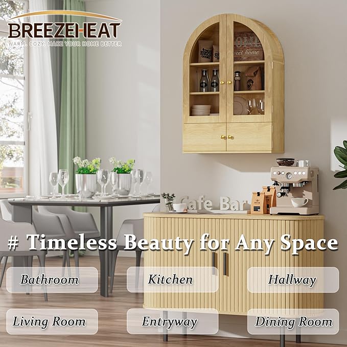 BREEZEHEAT Arched Medicine Cabinet with Extra Storage, Glass Doors, Adjustable Shelf -Wall Mounted Over Toilet Cabinet for Bathroom, Kitchen, Laundry Room, Natural Oak Wood Grain, 23.6x33.5 Inch