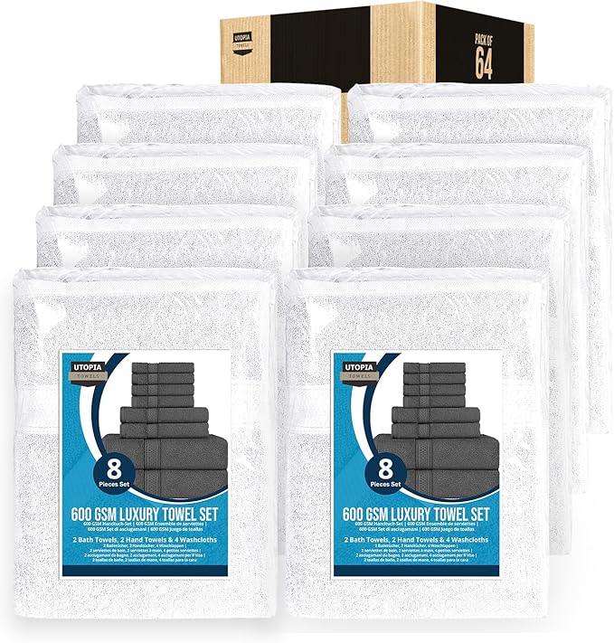 Utopia Towels Set, 16 Bath Towels, 16 Hand Towels, and 32 Washcloths, 600 GSM Ring Spun Cotton Highly Absorbent Towels for Bathroom, Shower Towel, (Pack of 64) (White)