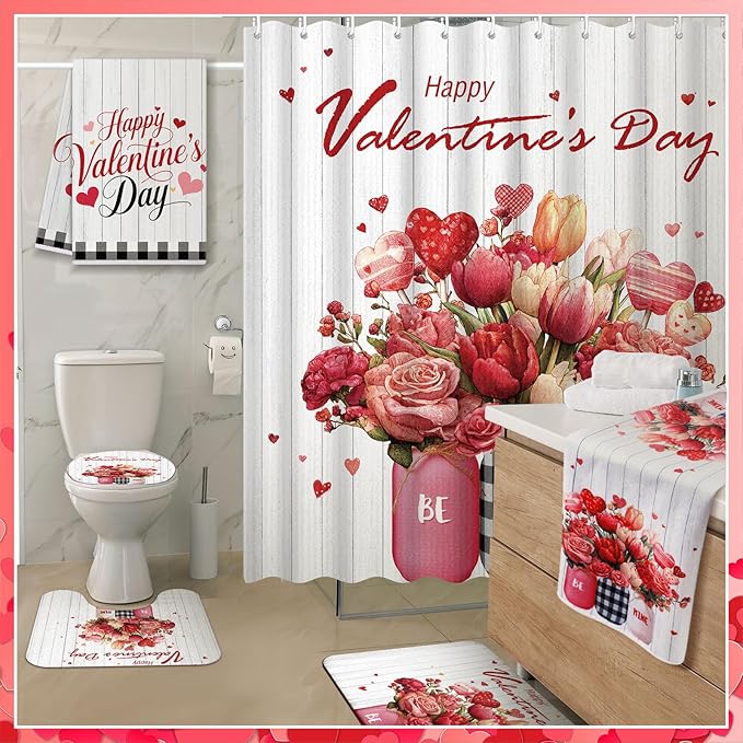 Nuanchu 6 Pcs Valentines Day Shower Curtain Set with Rug Bathroom Sets with Shower Curtain Bath Mat U Shaped Mat Toilet Lid Cover 2 Bath Towels and 12 Hooks Valentines Day Rose Heart Bathroom Decor