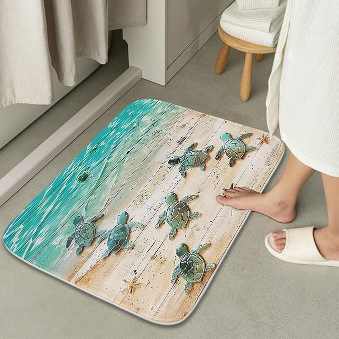Nautical Tropical Sea Turtle Rustic Wood Plank Beach Bathroom Rugs and Mats Sets 3 Piece, Memory Foam Bath Mat, U-Shaped Contour Shower Mat Non Slip Absorbent, Velvet Washable 20 x 31 inch Green Teal