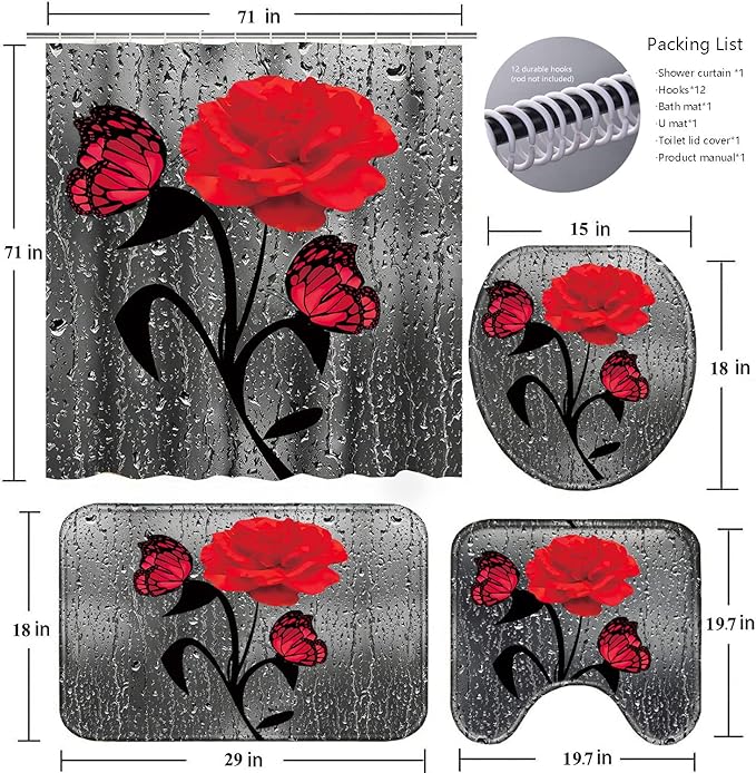 Poedist 4 Pcs Bathroom Set,Red Rose Shower Curtain Sets, Floral Shower Curtain Sets with Rugs(Bath Mat,U Shape and Toilet Lid Cover Mat) and 12 Hooks