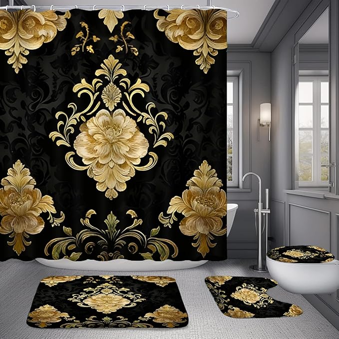 NBVKO 4Pcs Luxury Damascus Gold Flower Pattern Shower Curtain Set with 12 Hooks Non-Slip Rugs,Toilet Lid Cover and Bath Mat,Dark Gold Bathroom Decor for Hotel & Home Bathroom