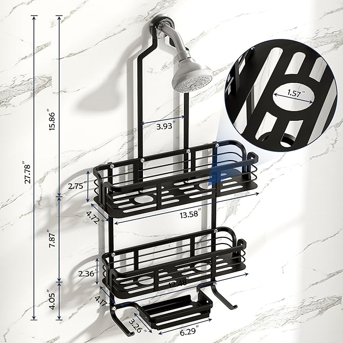 Shower Caddy Hanging, Never Rust Aluminum Shower Organizer, Over Showerhead No Drilling Shower Racks, with Soap Holder Multi Hooks Bathroom Storage for Shampoo Sponge,Silvery