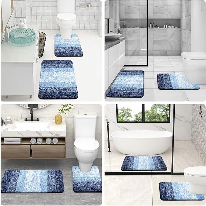 OLANLY Bathroom Rugs Sets 3 Piece, Soft Absorbent Microfiber Bath Mats and U-Shaped Contour Toilet Rug, Plush Shaggy Bath Mat Set for Bathroom (47"x20"+24"x16"+24"x20", Navy)