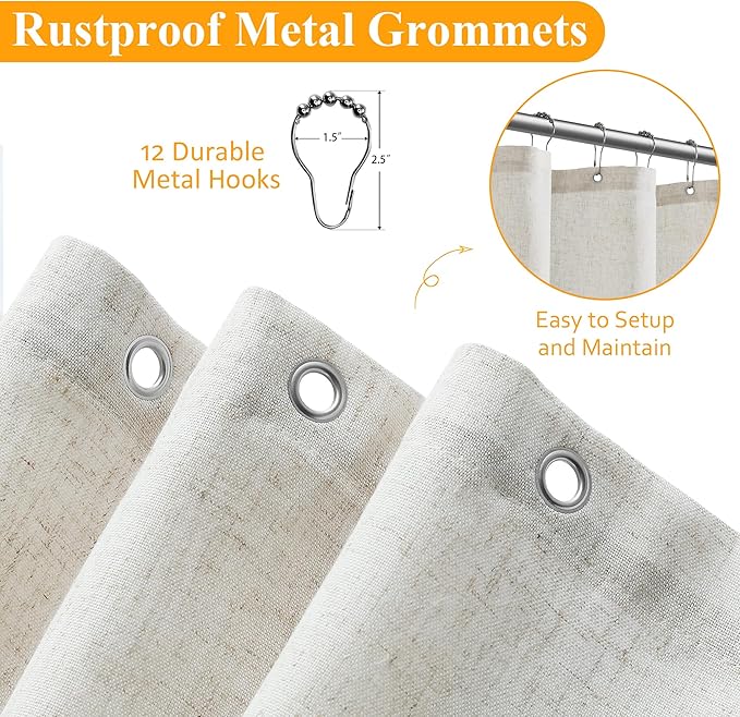 Neutral Extra Long Linen Shower Curtains 90 Inches Long for Bathroom Neutral Boho Farmhouse Water Repellent Vintage Country Style Rustic Decor Bath Drapes with Hooks Ivory Beige 72x90
