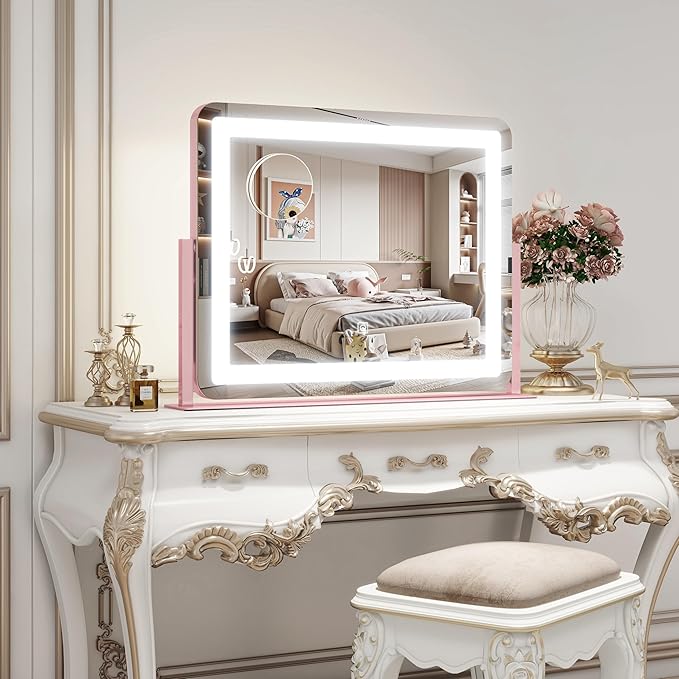 ROLOVE 22x16 Inch Pink Vanity Mirror with Lights,Dimmable LED Lights,3 Color Modes, Smart Touch Control,10X Magnification,Light up Makeup Mirror for Desk, Gift for Teen Girls