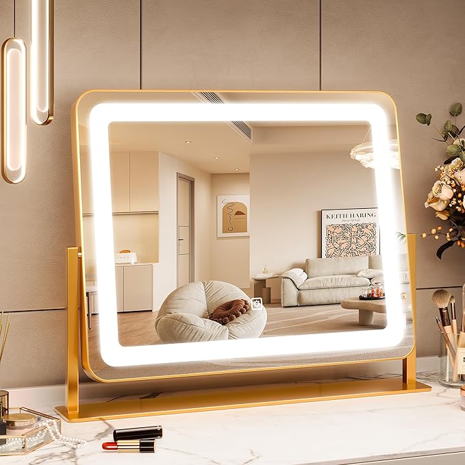 19.6 in x15.7 in Vanity Mirror with Lights, Large Lighted Mirror, LED Makeup Mirror with 3-Color Dimmable Modes and Smart Touch Control, Perfect for Desk or Bedroom, Vanity Desk Tabletop Makeup, Gold