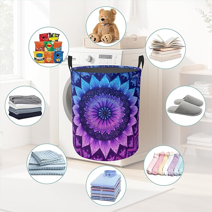 Laundry Hamper Foldable Oxford Cloth Mandala Flower Laundry Basket With Handle Portable Clothes Storage Organizer Basket Storage Bag For Laundry Room/Bedroom/Bathroom