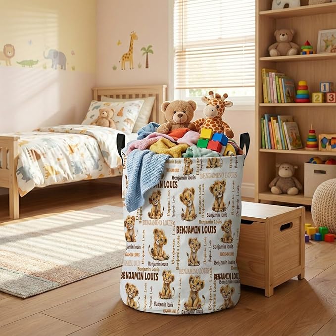 Custom Lion Laundry Baskets, Personalized Lion Gifts with Customized Name, Collapsible Laundry Hamper for Kids Adults Home Decoration,16.5 X 13.8in