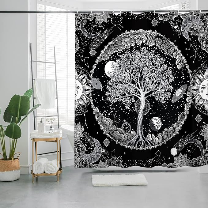 HMS Happy Memories Bohemian Plant Boho Floral Print Shower Curtain, Polyester Fabric Cloth for Bathroom Decor 72×72 Inch Standard Size with 12 Hooks, Also as Room Divider (Black Tree)