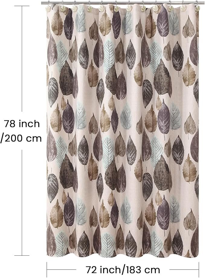 Beige Shower Curtain 72x78 Inches Long, Waterproof Linen-Tone Fabric with Realistic Brown & Green Leaf Print, 12 Metal Grommets & Weighted Hem