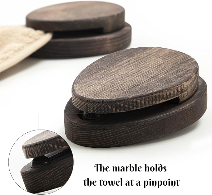 Besuerte Magic Marble Wood Towel Holder - Set of 2 Kitchen Hand Towel Holder Adhesive - Wall Mount Wood Towel Rack - Bathroom Hooks, Quick Drying, Nut Brown