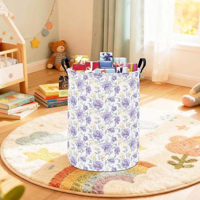 HUNRUNG Laundry Hamper,Large Canvas Fabric Lightweight Storage Basket Toy Organizer Dirty Clothes Collapsible Waterproof for College Dorms???Round-Purple Flowers???