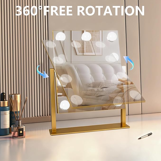 Moonee Gold Vanity Mirror with Lights, Hollywood Lighted Makeup Mirror with 9 Dimmable Bulbs and 10X Magnification 360°Rotation, 3 Colors Modes, Light Up Mirror for Tabletop(12" x 14")