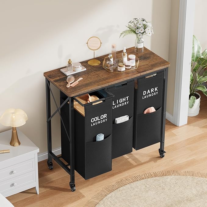 Gewudraw 3 Section Laundry Sorter with Ironing Board, Laundry Hamper with Removable Bags, Heavy Duty Rolling Laundry Cart with Lockable Wheels for Bathroom Bedroom, black