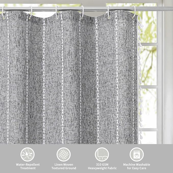 MitoVilla Dark Grey Boho Small Stall Shower Curtain Set 36 x 72, Half Size Narrow Polyester Linen Fabric Shower Curtains for Farmhouse Bathroom Decor, Charcoal Grey