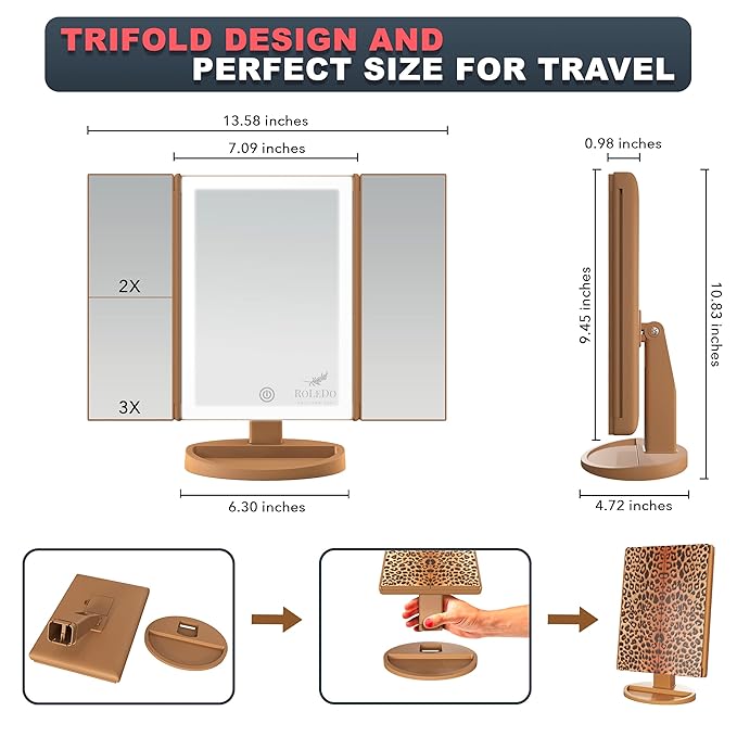 RoLeDo Lighted Makeup Mirror with Magnification 2X 3X 10X, Trifold Vanity Mirror with Lights, 72 LED Mirror, Touch Screen, 3 Color Lighting, Dual Power, Leopard Print, Gifts for Women, Cheetah Print