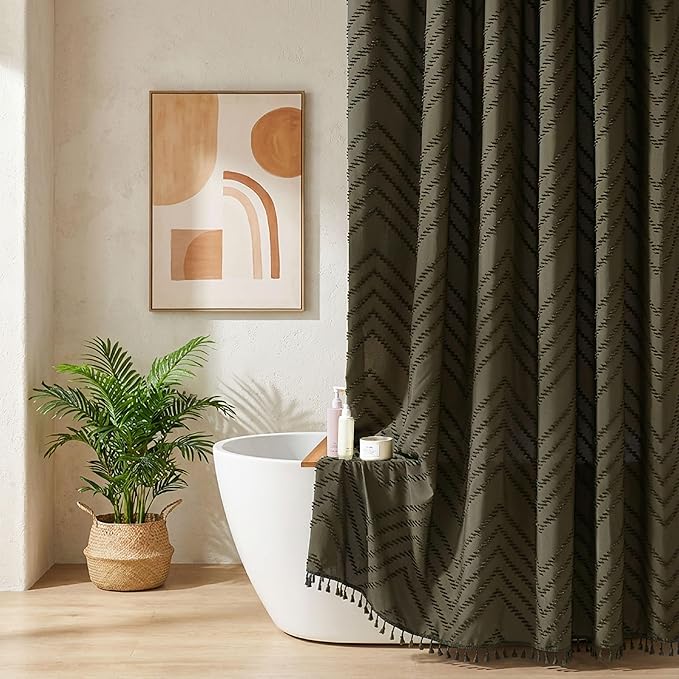 Boho Extra Long Olive Green Shower Curtain with Tassel, Woven Fabric, Tufted Chevron Striped, 72 x 78, Modern Chic Textured Minimalist