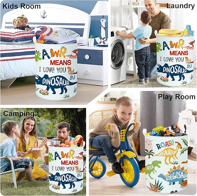 Dinosaur Laundry Hamper Large Storage Basket Cartoon Dino Collapsible Parents Organizer Kids Toy Clothes Bins for Bedroom, Bathroom, Boho Words, 63L