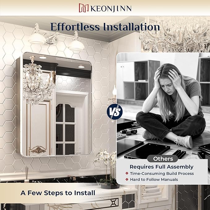 Keonjinn 60 x 32 Inch Large Chrome Medicine Cabinets, Recessed Bathroom Medicine Cabinet, Elegant Stainless Steel Framed, Sturdy & Heavy, Stepless Adjustable Shelves, DTC Hinges, Soft Closing, Modern